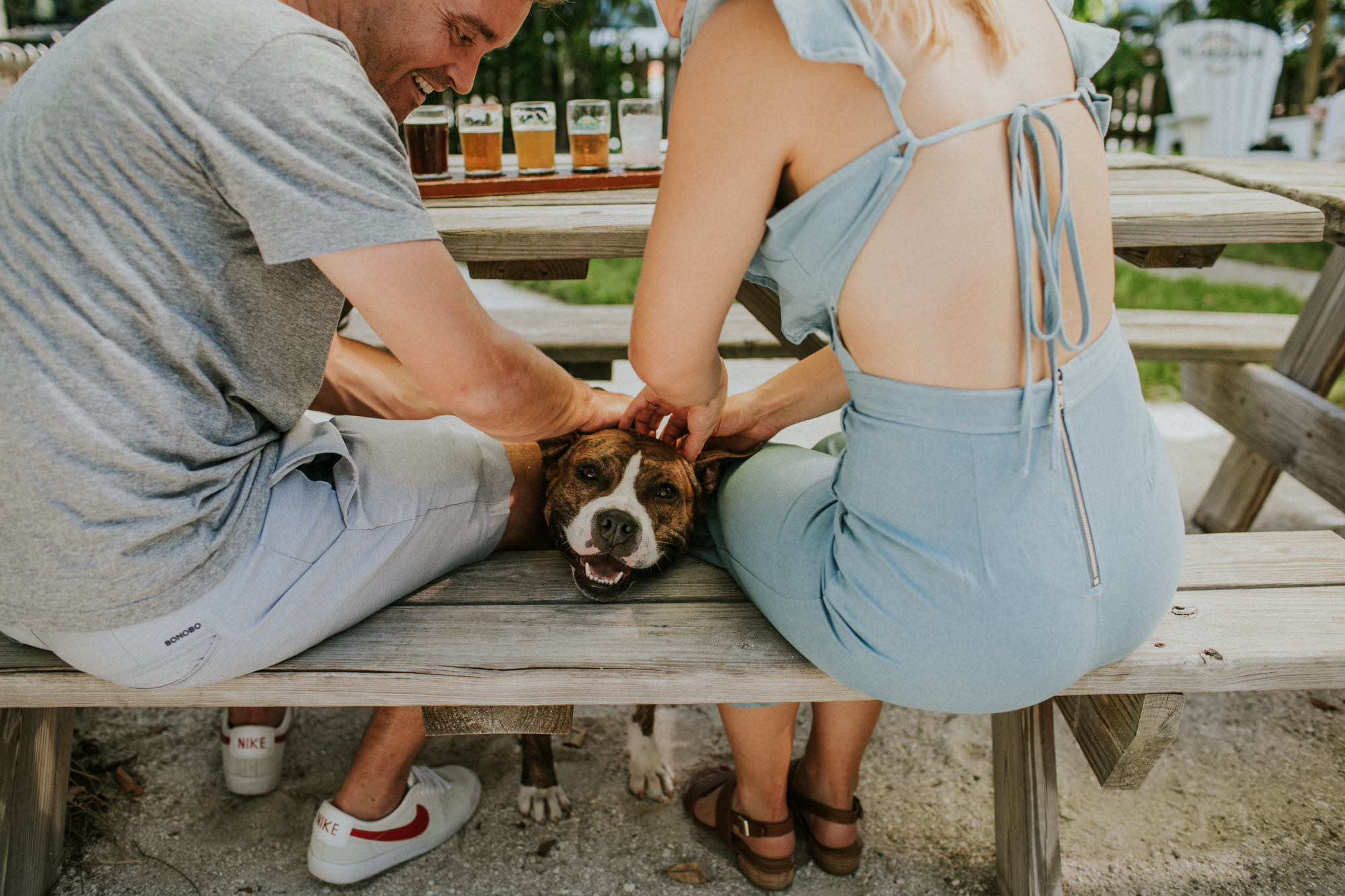 Engaged couple hangs with a cute dog in Islamorada
